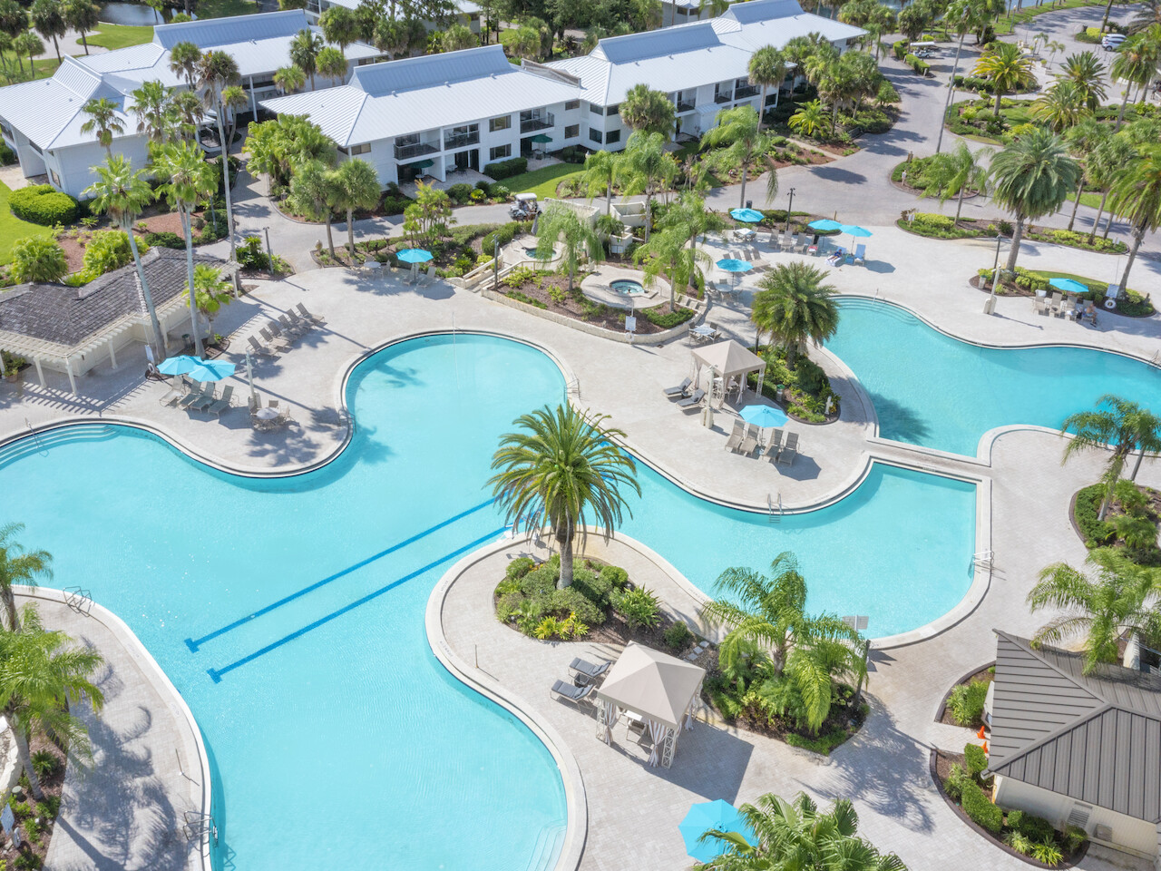 The image shows an aerial view of a large, winding swimming pool with palm trees, lounge chairs, umbrellas, and surrounding resort buildings.