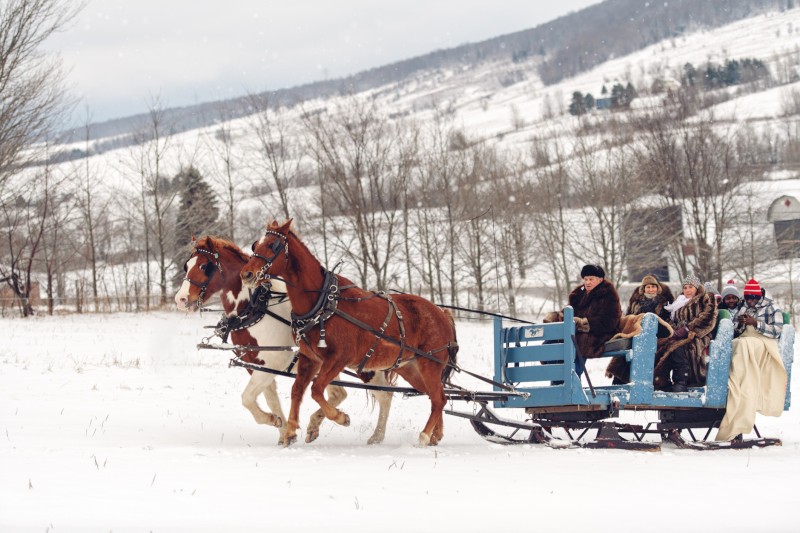 People are riding in a horse-drawn sleigh through a snowy landscape, with hills in the background, enjoying a winter outing.