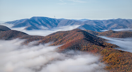 A serene landscape with rolling mountains covered in autumn foliage, blanketed by a layer of fog under a clear blue sky.