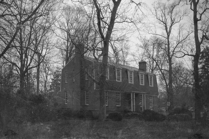 An old brick house surrounded by tall, leafless trees in a forested area on a gloomy day.
