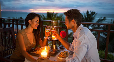A couple sitting at a candlelit dinner table, toasting with wine glasses, with an ocean and sunset view in the background.