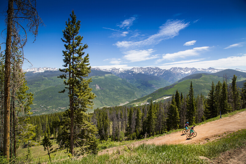 Two cyclists ride on a dirt trail through a lush forest with mountains and a clear blue sky in the background.