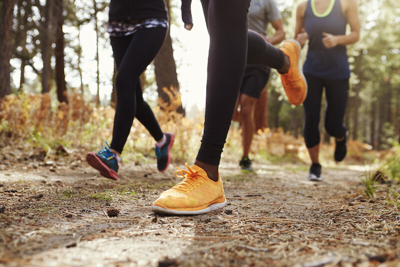 Four people are running on a forest trail, focusing on their legs and brightly colored shoes, with trees and sunlight in the background.