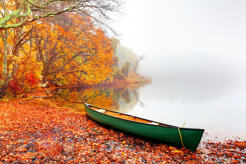 A green canoe is resting on an autumnal shoreline covered in fallen leaves with colorful trees in the background and a foggy lake.