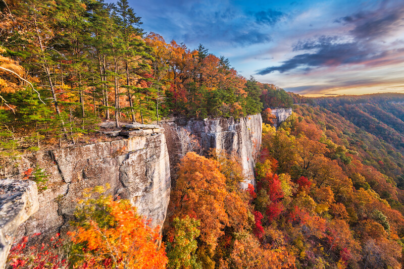 A scenic autumn landscape with vibrant fall foliage covers a dense forest, with rocky cliffs and a dramatic sky at sunset.